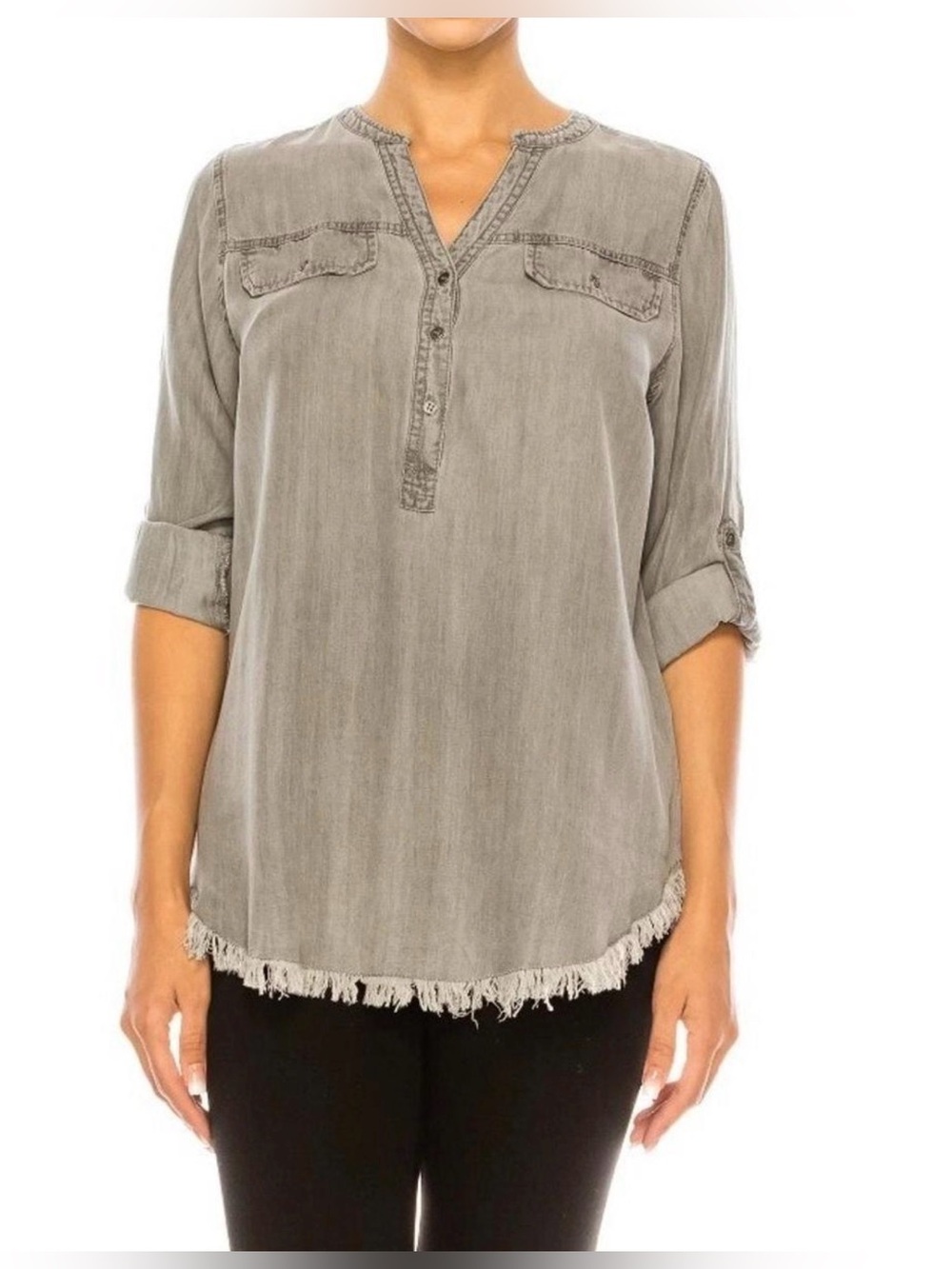 Light Gray Frayed-Hem Long-Sleeve Tunic Blouse - Picture 2 of 9